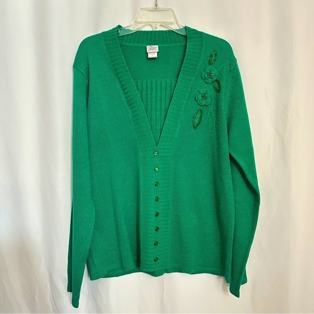 Vintage 80s Christmas Green Pullover Sweater Shoulder Floral Detail sz L